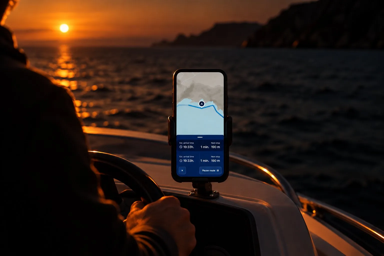 A route with its stops on the map of a boat autopilot app