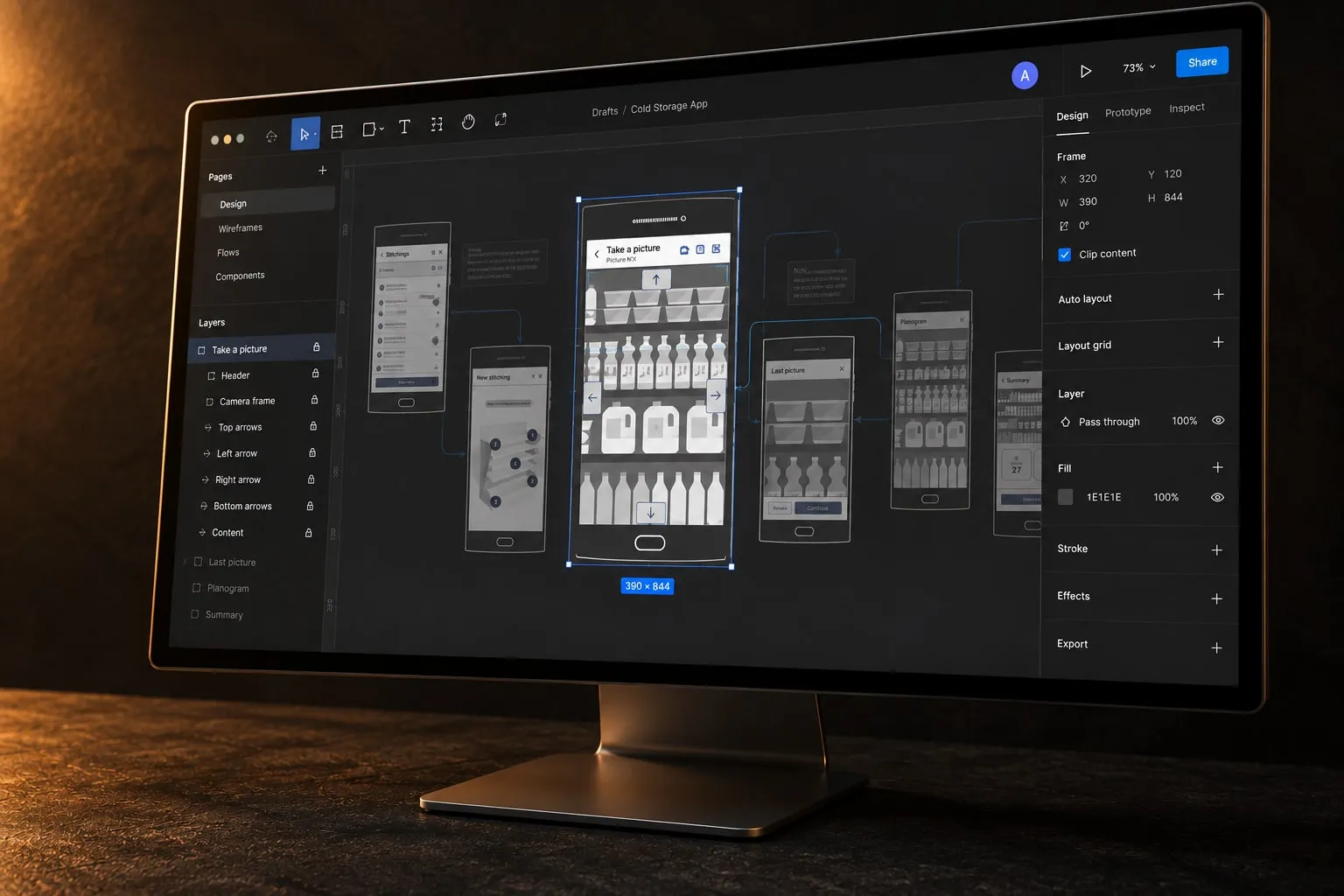 The same screen as a wireframe, open in a design tool on a desktop monitor.