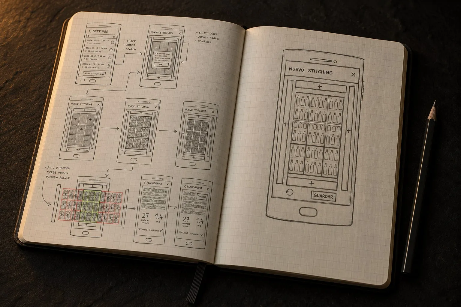 Hand-drawn sketch of an app screen in a notebook, with a pencil beside it.