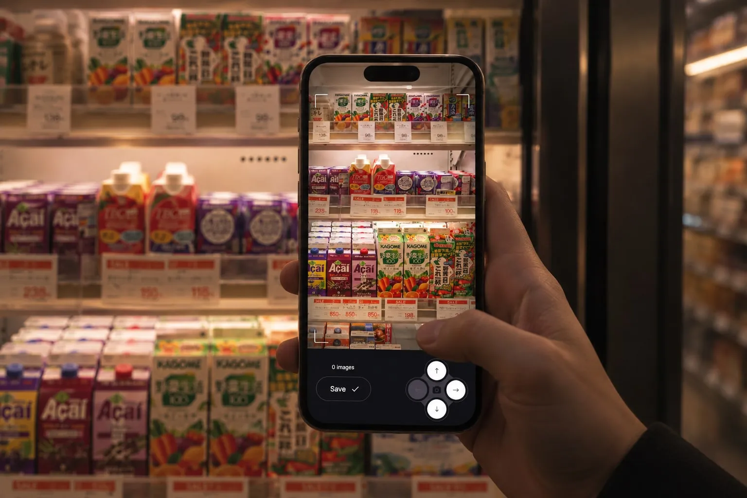 The finished app running on a phone, held in front of a supermarket shelf.